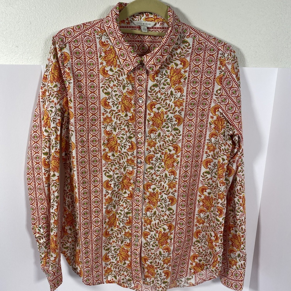 Lucky Brand Pink/Orange Floral L/S Cotton Button Front Shirt Womans S/P L1‎
